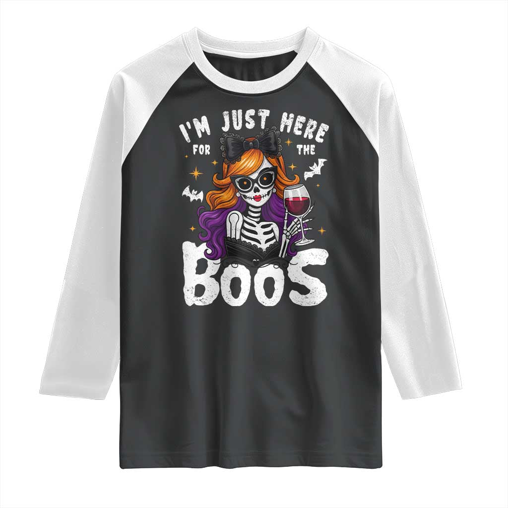 Funny Skull Halloween Raglan Shirt I Am Just Here For The Boos Skeleton Party Girl - Wonder Print Shop