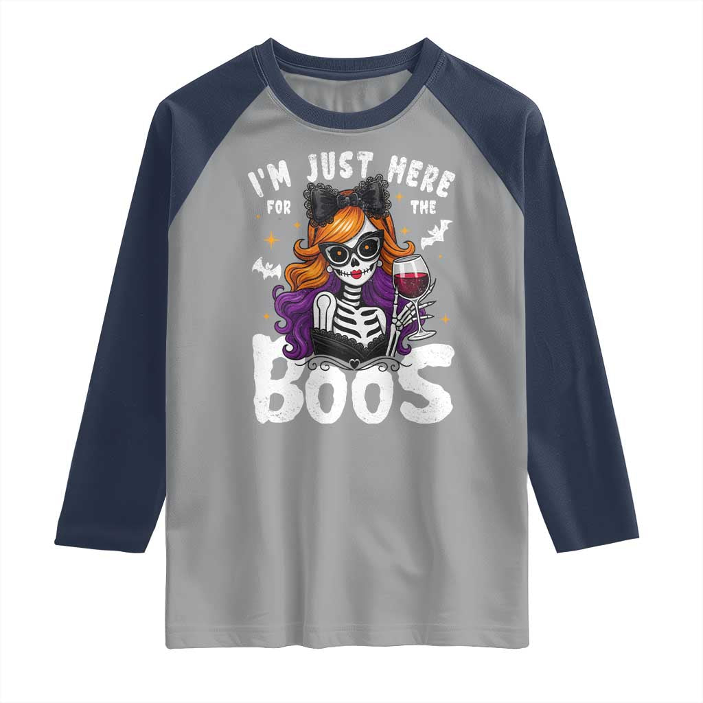 Funny Skull Halloween Raglan Shirt I Am Just Here For The Boos Skeleton Party Girl - Wonder Print Shop
