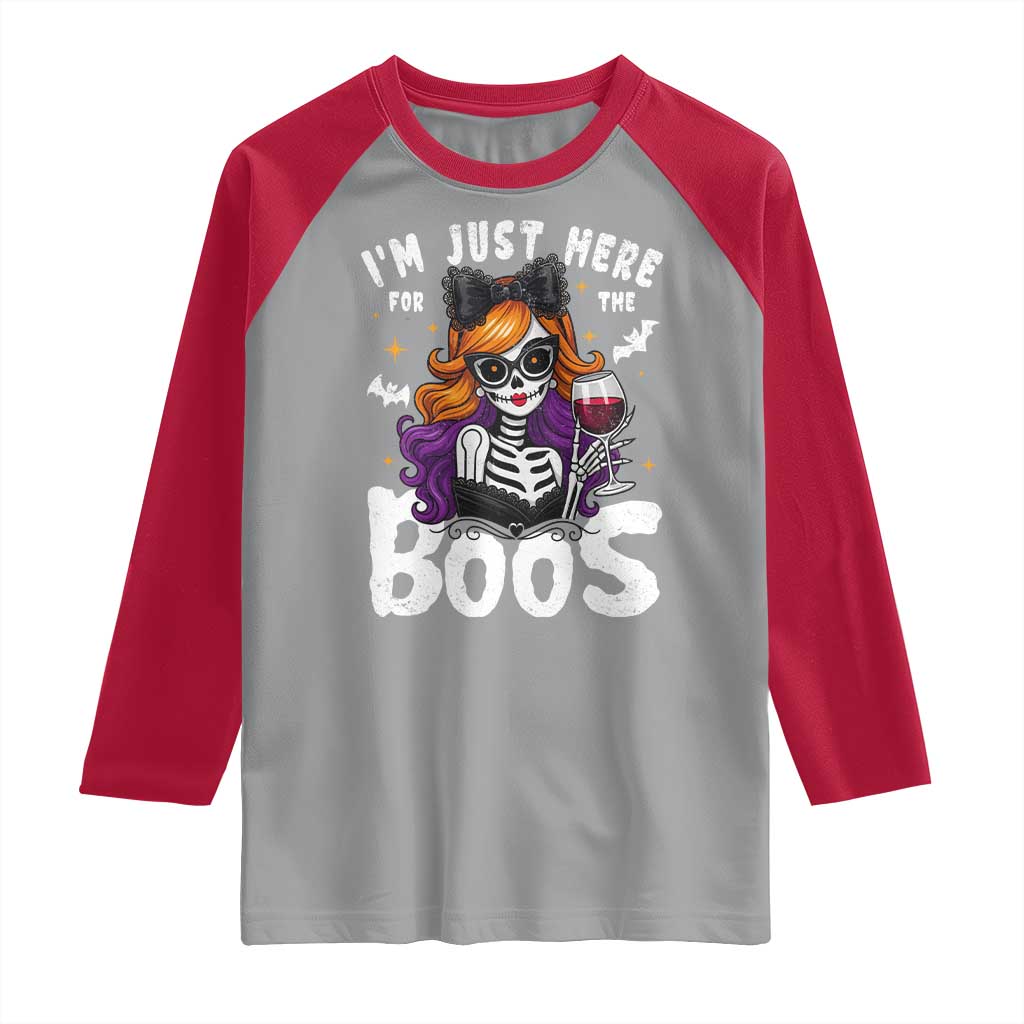 Funny Skull Halloween Raglan Shirt I Am Just Here For The Boos Skeleton Party Girl - Wonder Print Shop