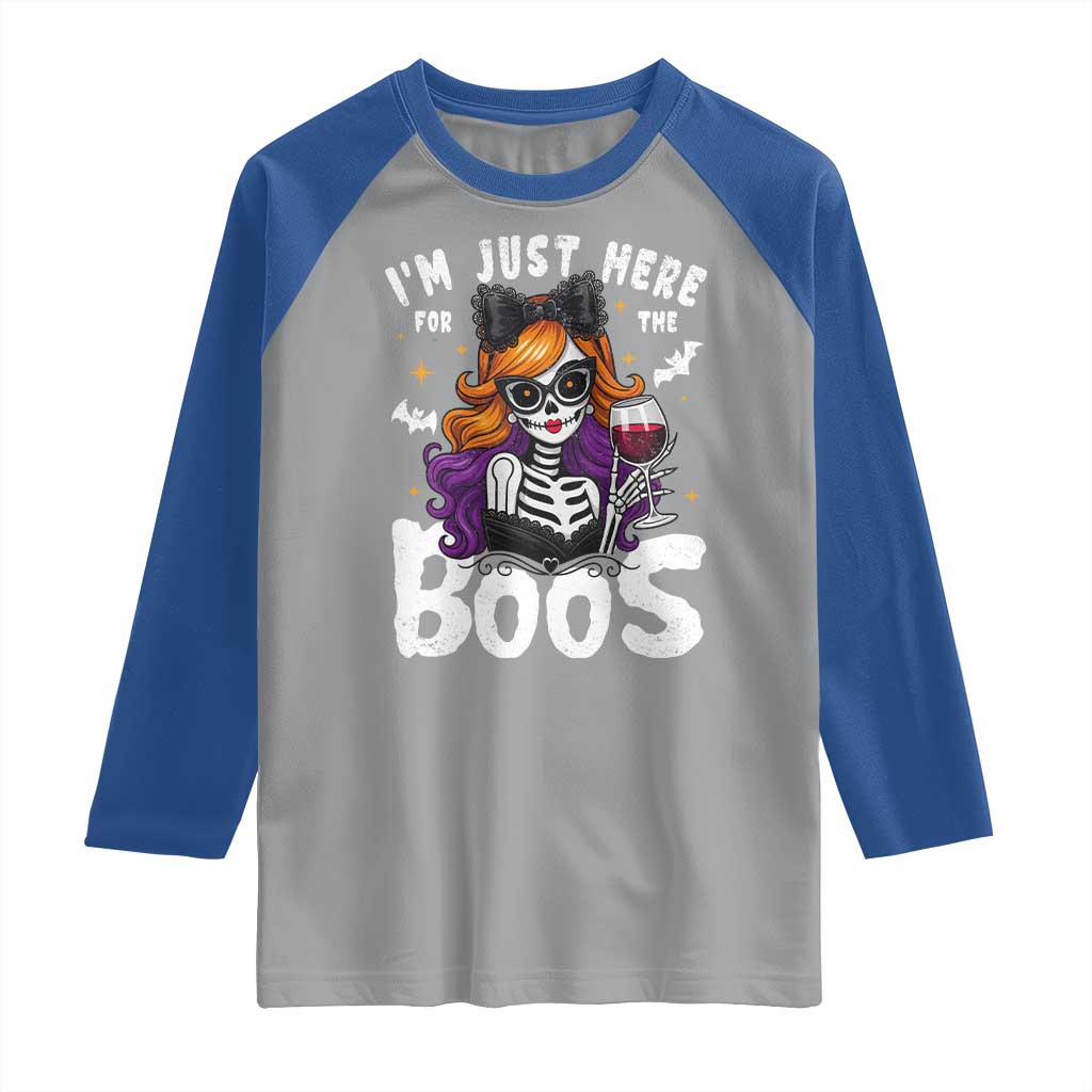 Funny Skull Halloween Raglan Shirt I Am Just Here For The Boos Skeleton Party Girl - Wonder Print Shop