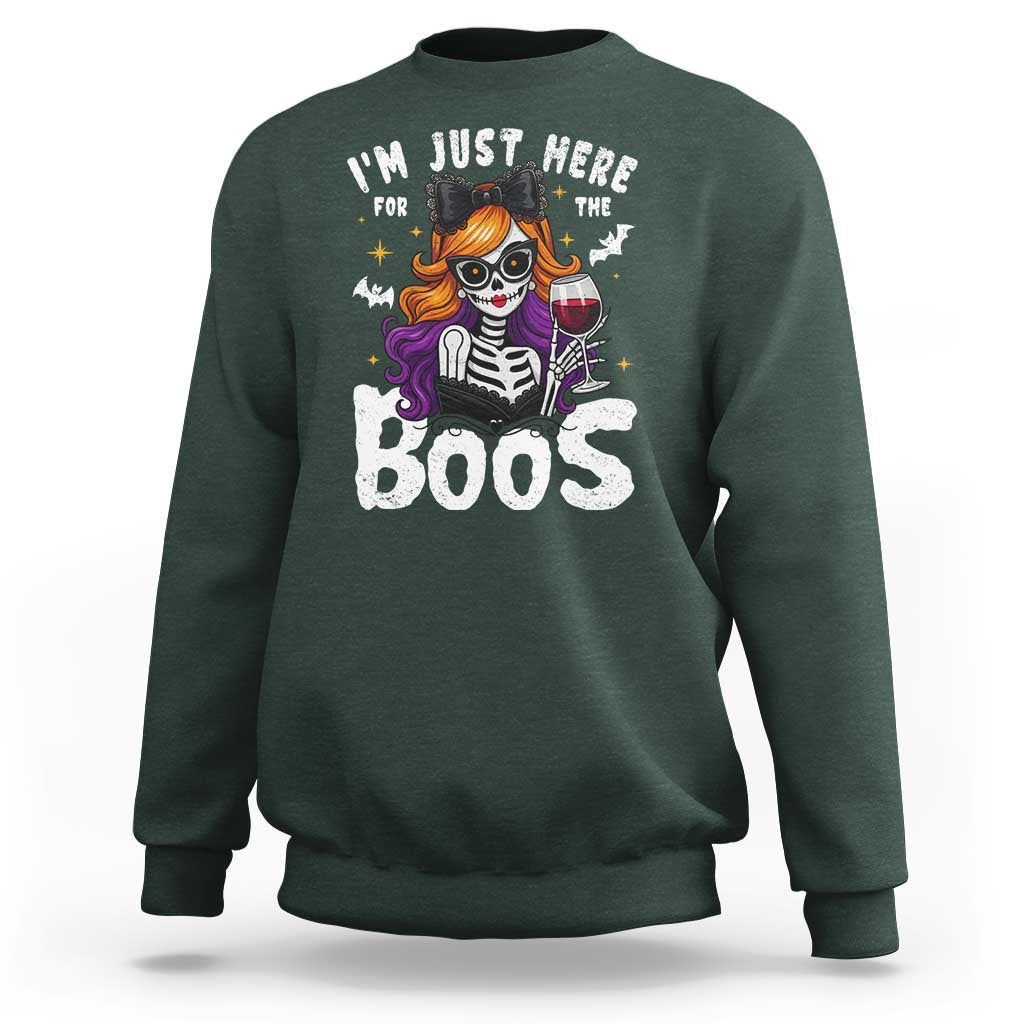 Funny Skull Halloween Sweatshirt I Am Just Here For The Boos Skeleton Party Girl - Wonder Print Shop