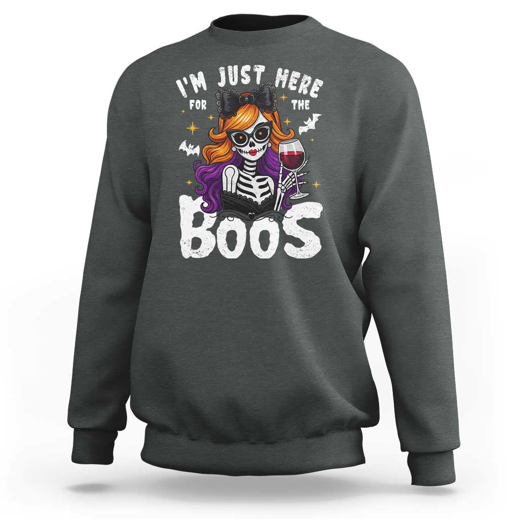 Funny Skull Halloween Sweatshirt I Am Just Here For The Boos Skeleton Party Girl - Wonder Print Shop