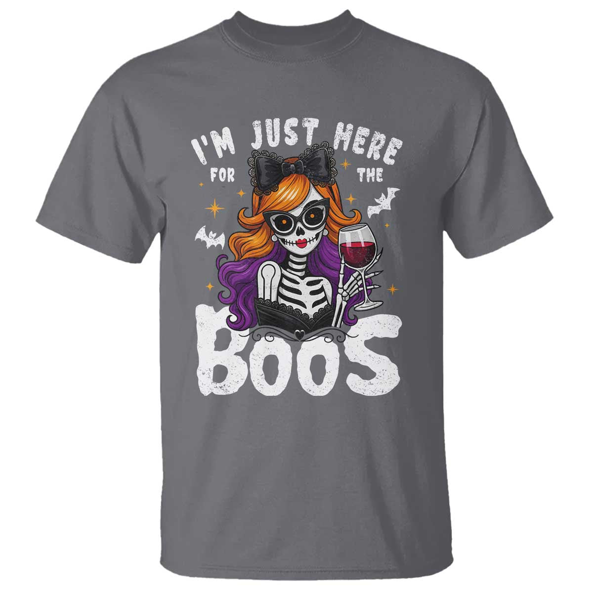 Funny Skull Halloween T Shirt I Am Just Here For The Boos Skeleton Party Girl - Wonder Print Shop