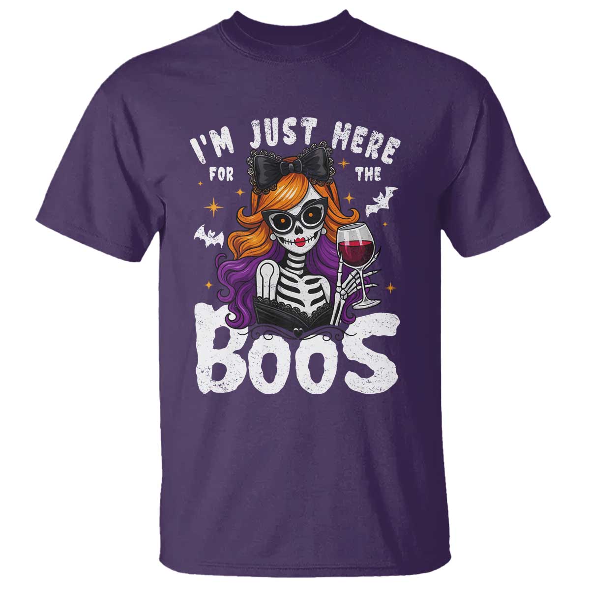 Funny Skull Halloween T Shirt I Am Just Here For The Boos Skeleton Party Girl - Wonder Print Shop