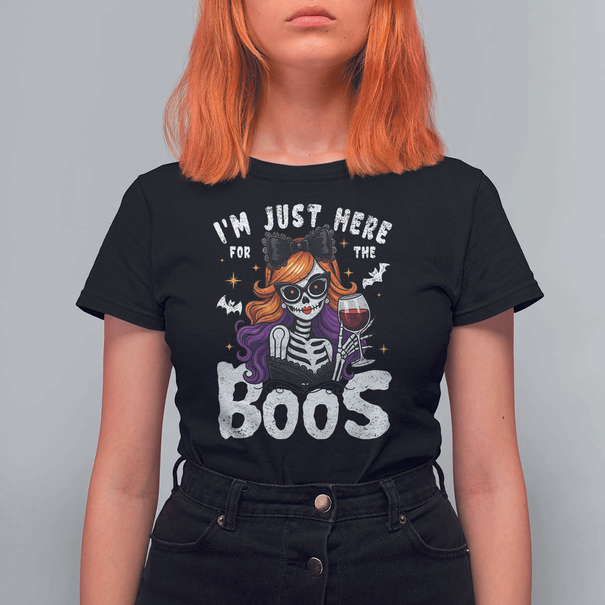 Funny Skull Halloween T Shirt For Women I Am Just Here For The Boos Skeleton Party Girl - Wonder Print Shop