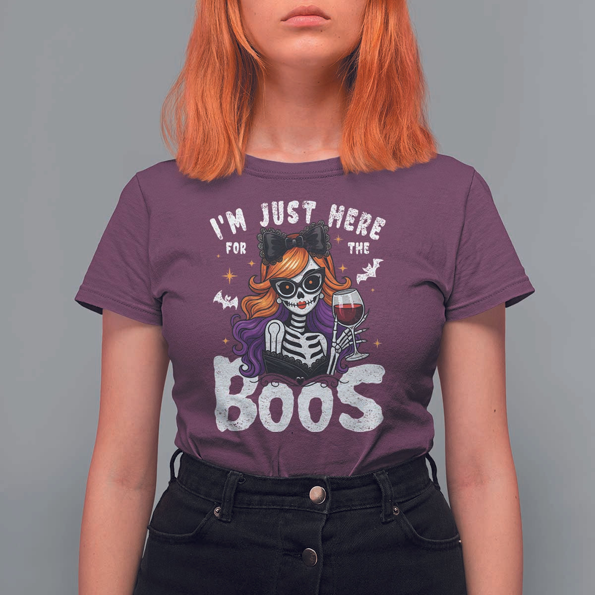 Funny Skull Halloween T Shirt For Women I Am Just Here For The Boos Skeleton Party Girl - Wonder Print Shop