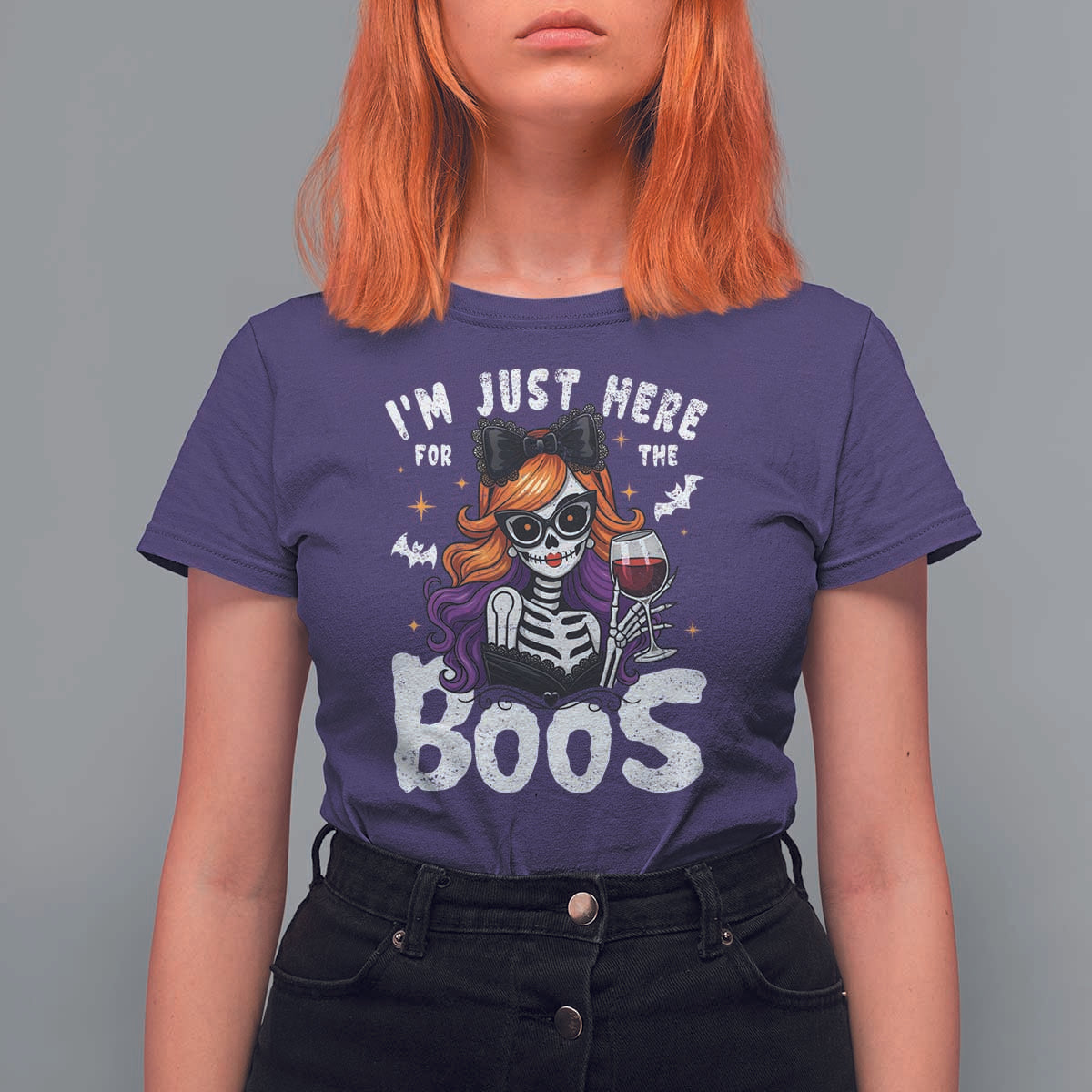 Funny Skull Halloween T Shirt For Women I Am Just Here For The Boos Skeleton Party Girl - Wonder Print Shop