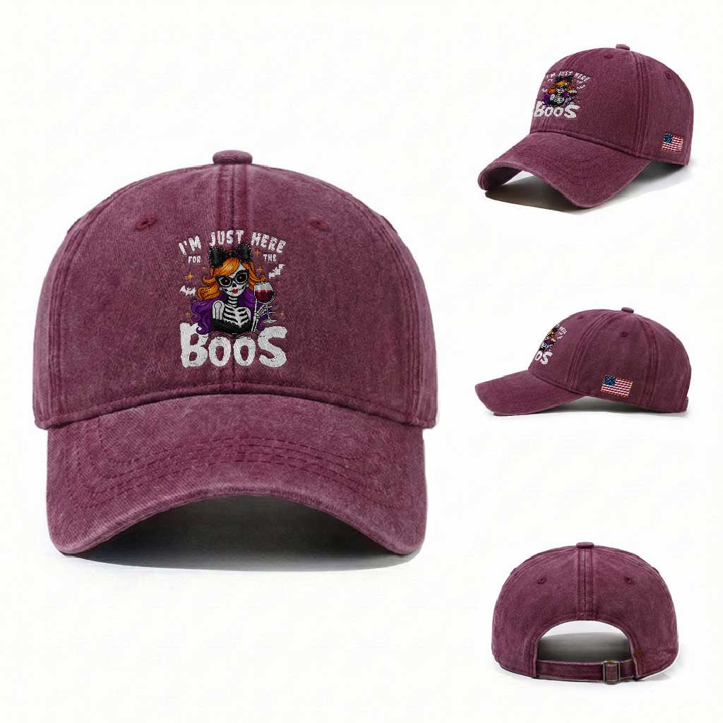 Funny Skull Halloween Washed Cotton Baseball Cap I Am Just Here For The Boos Skeleton Party Girl