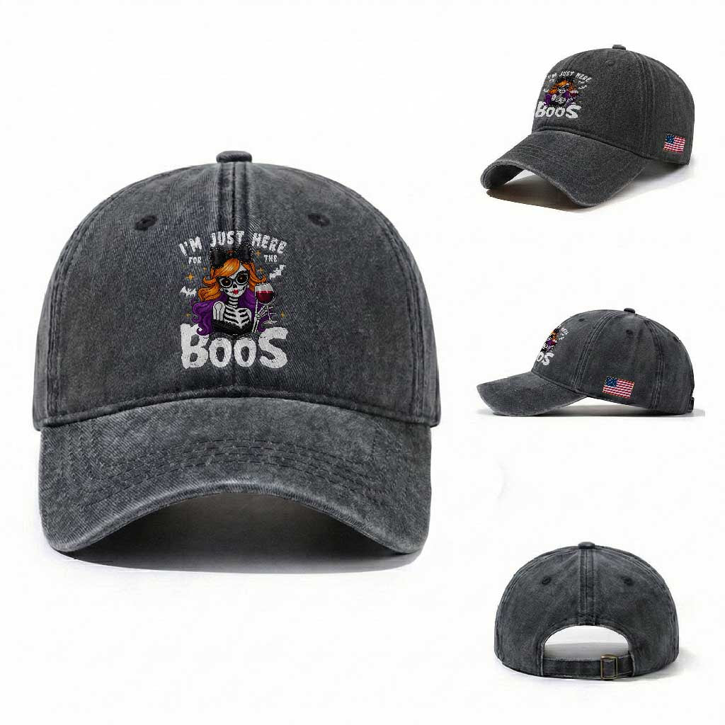 Funny Skull Halloween Washed Cotton Baseball Cap I Am Just Here For The Boos Skeleton Party Girl