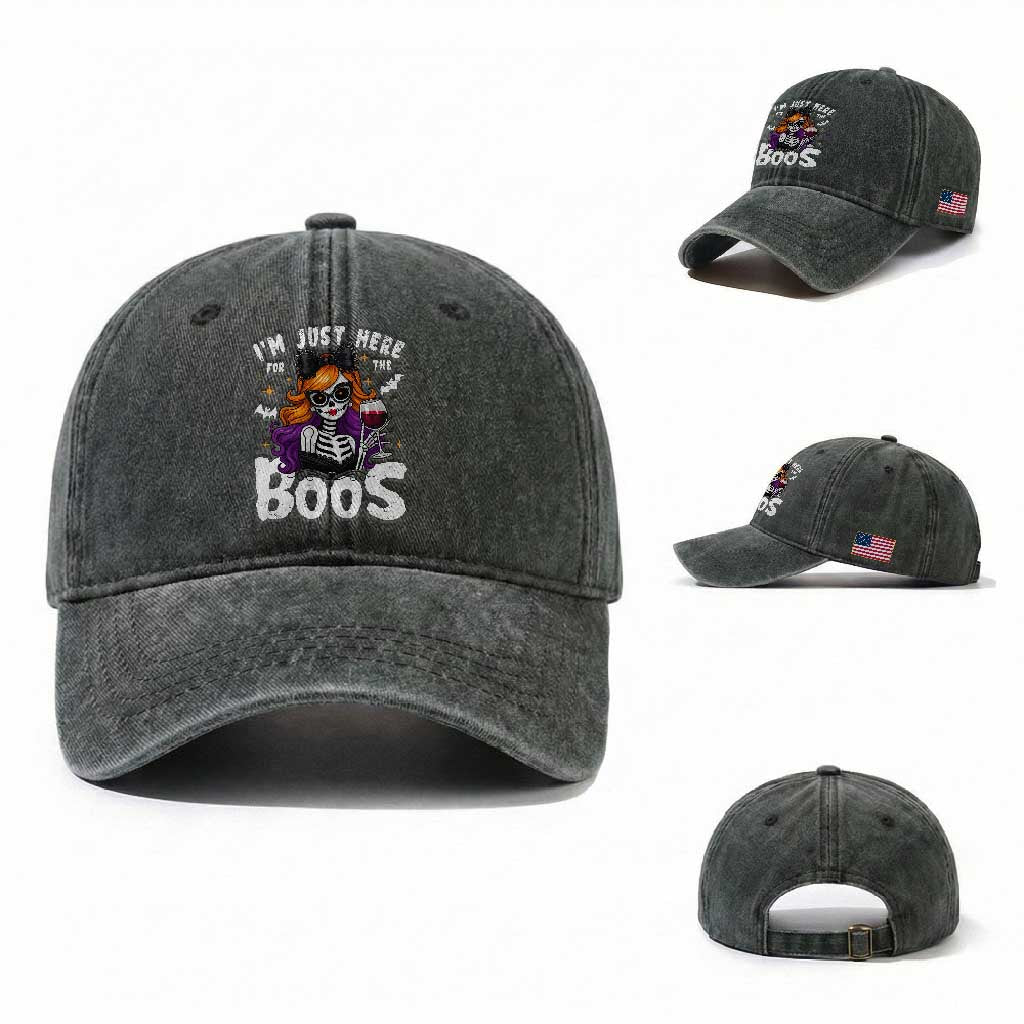 Funny Skull Halloween Washed Cotton Baseball Cap I Am Just Here For The Boos Skeleton Party Girl