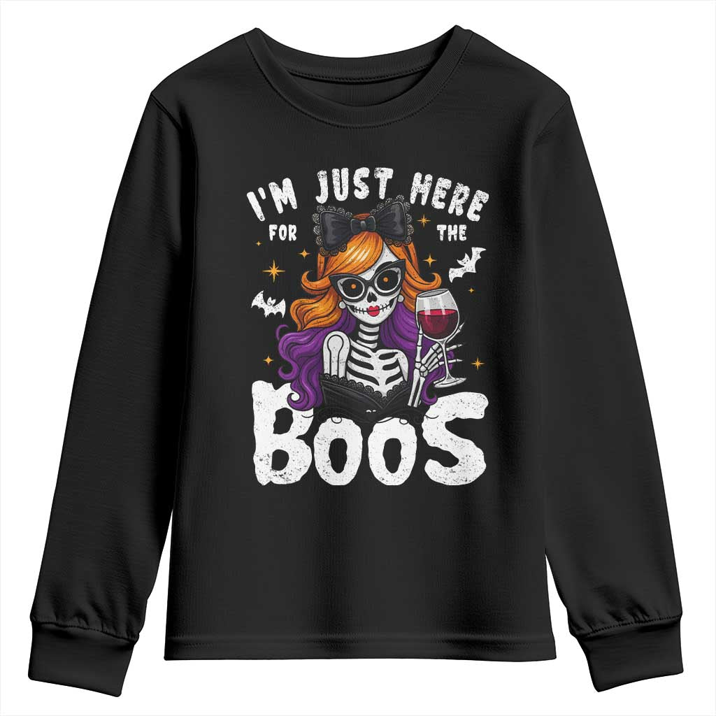 Funny Skull Halloween Youth Sweatshirt I Am Just Here For The Boos Skeleton Party Girl - Wonder Print Shop