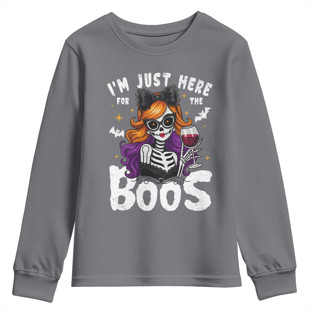Funny Skull Halloween Youth Sweatshirt I Am Just Here For The Boos Skeleton Party Girl - Wonder Print Shop