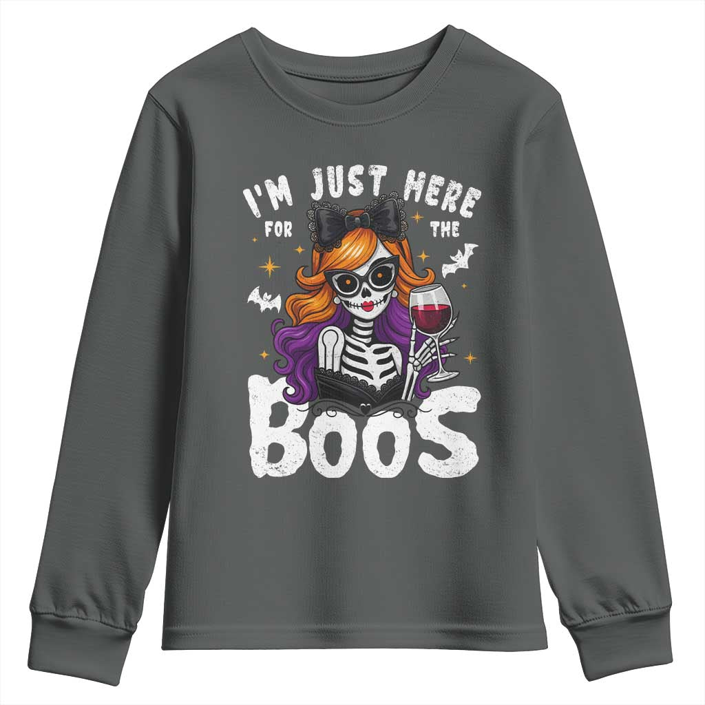 Funny Skull Halloween Youth Sweatshirt I Am Just Here For The Boos Skeleton Party Girl - Wonder Print Shop