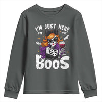 Funny Skull Halloween Youth Sweatshirt I Am Just Here For The Boos Skeleton Party Girl - Wonder Print Shop