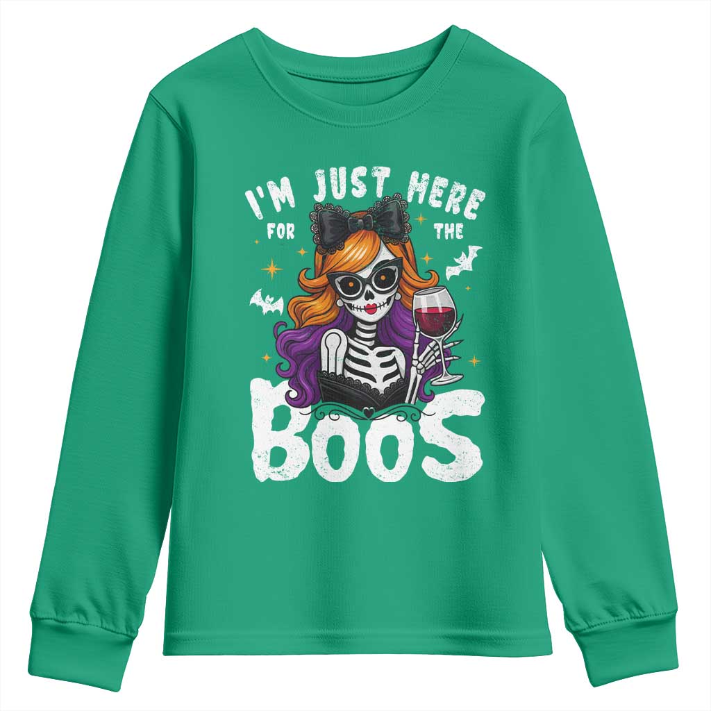 Funny Skull Halloween Youth Sweatshirt I Am Just Here For The Boos Skeleton Party Girl - Wonder Print Shop