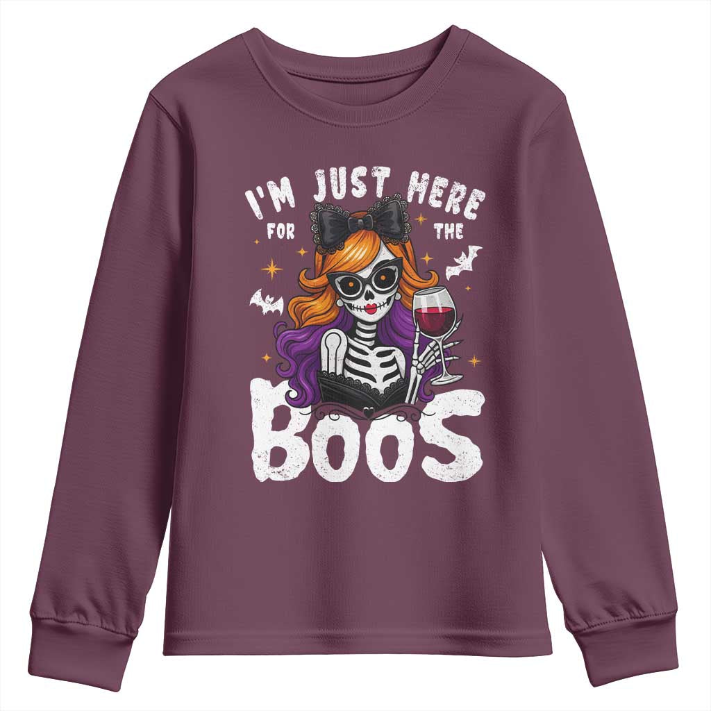 Funny Skull Halloween Youth Sweatshirt I Am Just Here For The Boos Skeleton Party Girl - Wonder Print Shop
