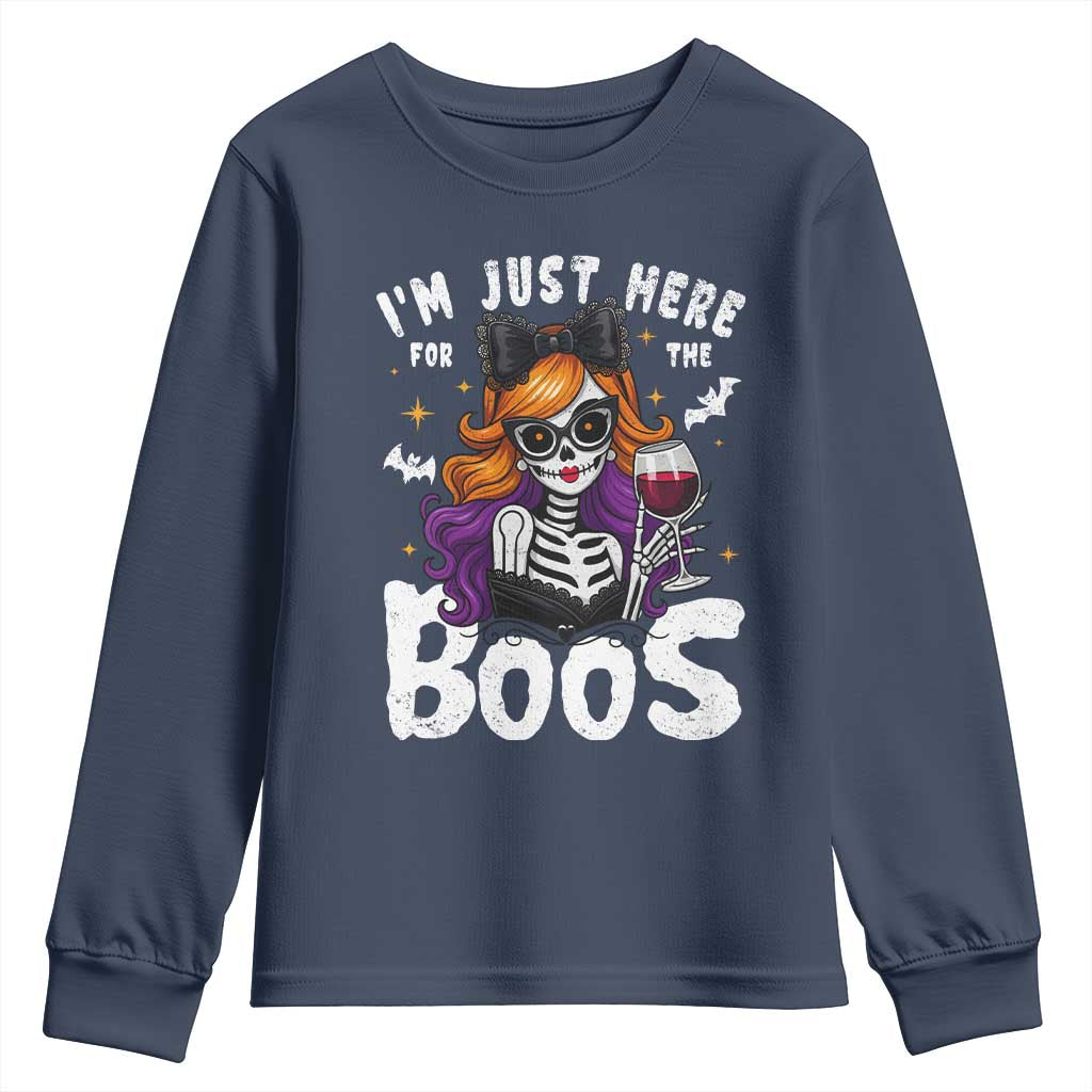 Funny Skull Halloween Youth Sweatshirt I Am Just Here For The Boos Skeleton Party Girl - Wonder Print Shop