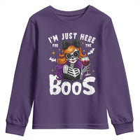 Funny Skull Halloween Youth Sweatshirt I Am Just Here For The Boos Skeleton Party Girl - Wonder Print Shop