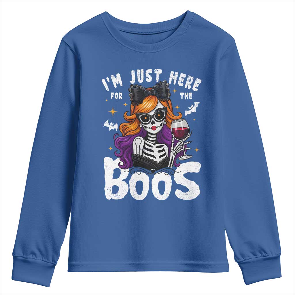 Funny Skull Halloween Youth Sweatshirt I Am Just Here For The Boos Skeleton Party Girl - Wonder Print Shop