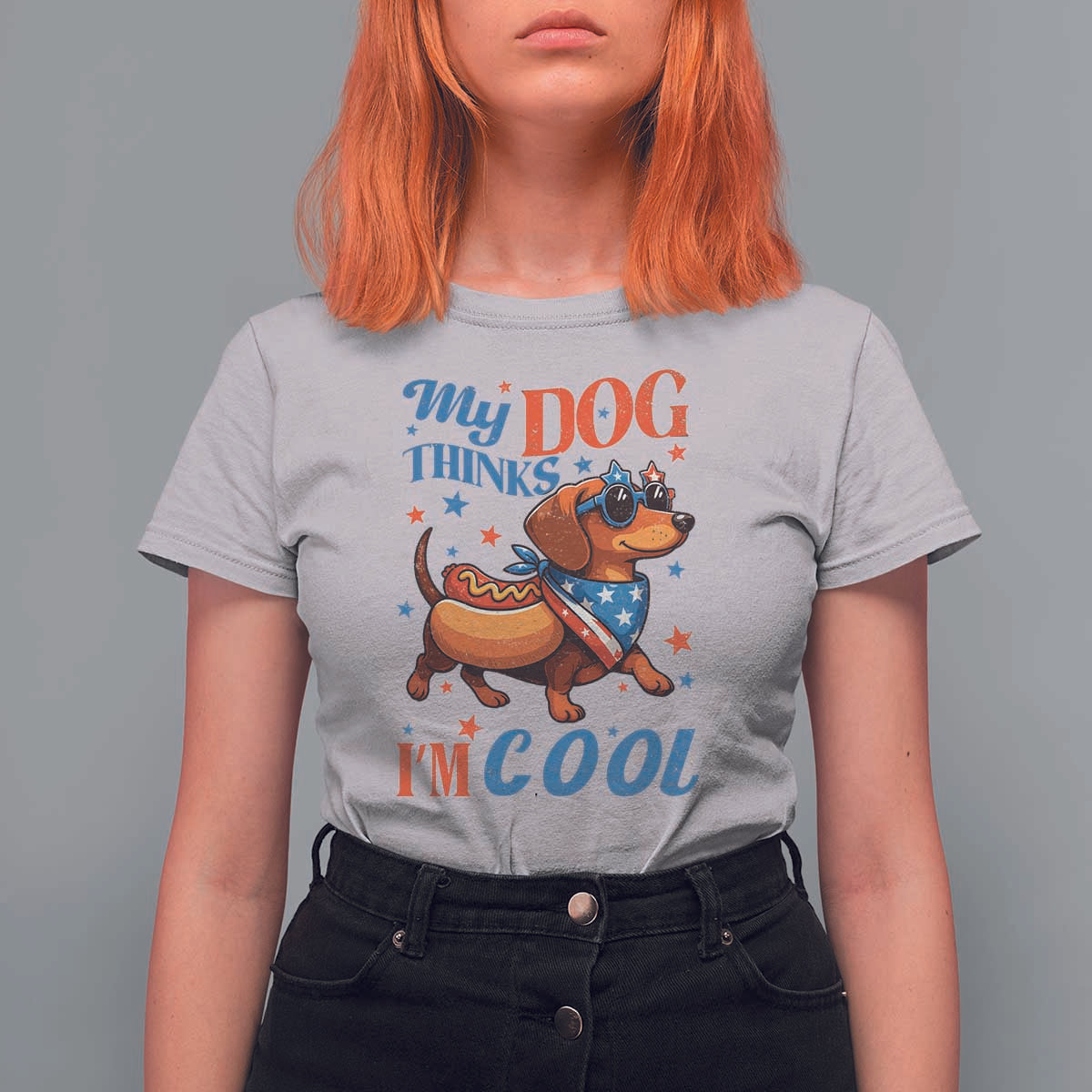 Funny Patriotic Dachshund T Shirt For Women My Dog Thinks I Am Cool USA Dog Lover - Wonder Print Shop
