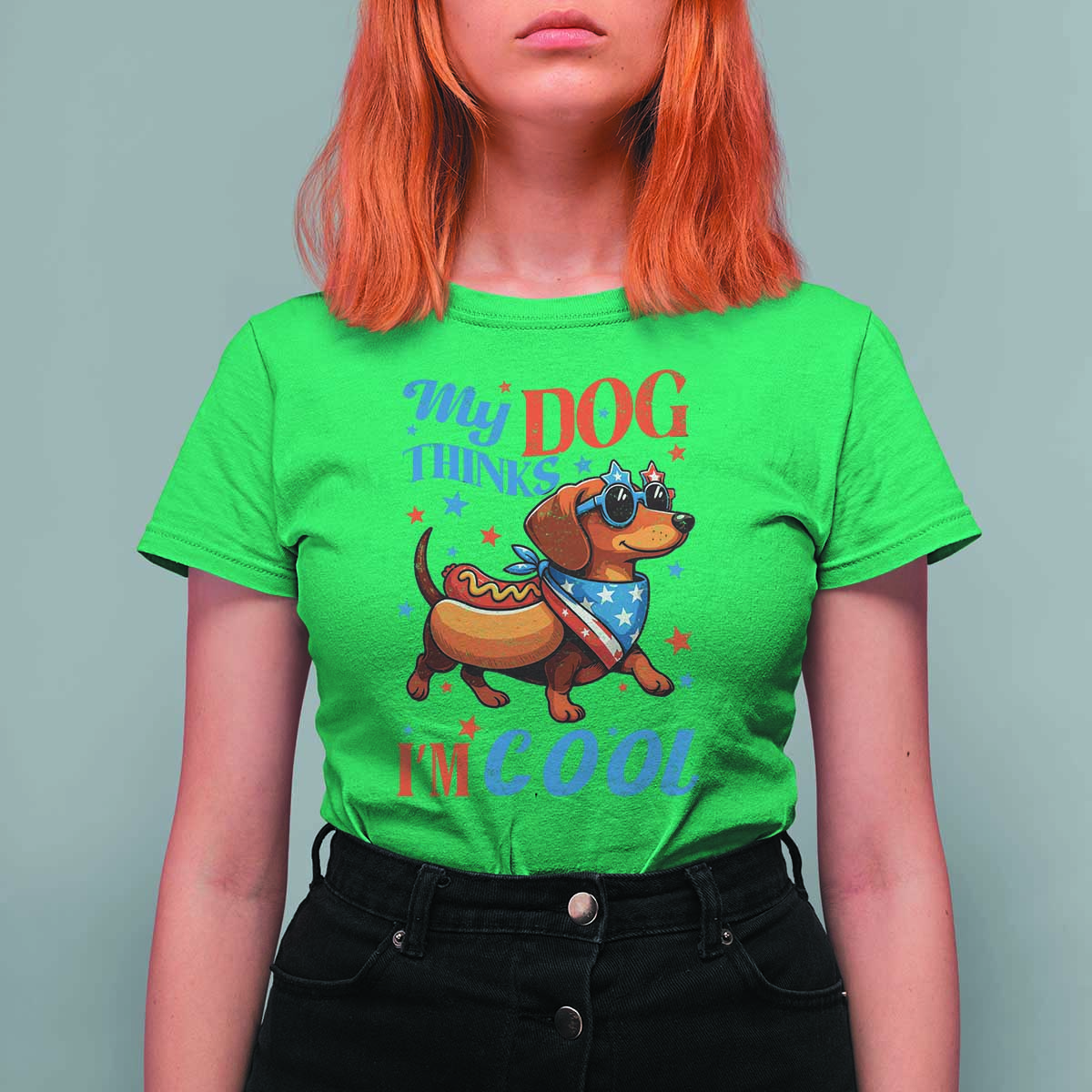 Funny Patriotic Dachshund T Shirt For Women My Dog Thinks I Am Cool USA Dog Lover - Wonder Print Shop