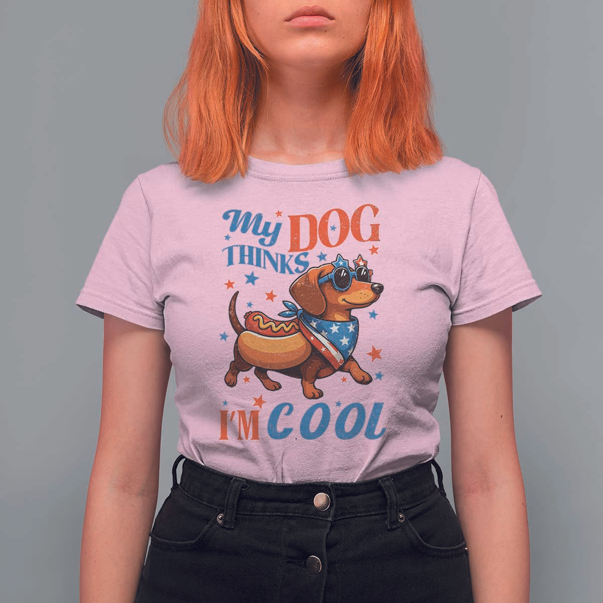 Funny Patriotic Dachshund T Shirt For Women My Dog Thinks I Am Cool USA Dog Lover - Wonder Print Shop