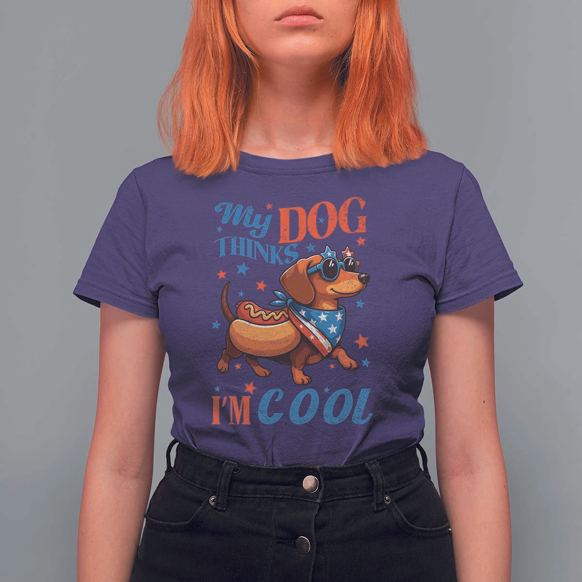 Funny Patriotic Dachshund T Shirt For Women My Dog Thinks I Am Cool USA Dog Lover - Wonder Print Shop