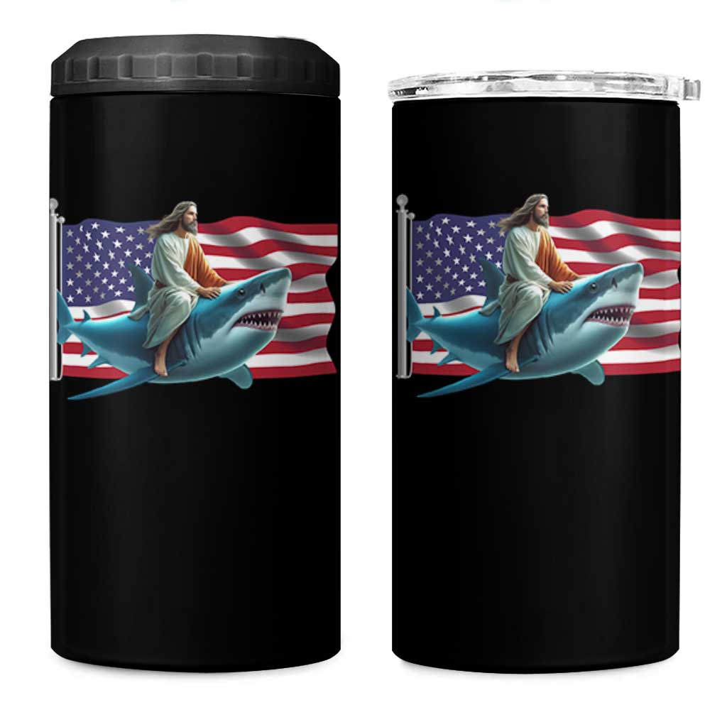Funny Jesus Shark 4 in 1 Can Cooler Tumbler Christian Patriotic American Flag Meme