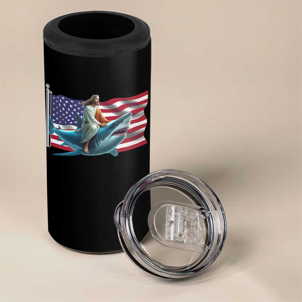 Funny Jesus Shark 4 in 1 Can Cooler Tumbler Christian Patriotic American Flag Meme