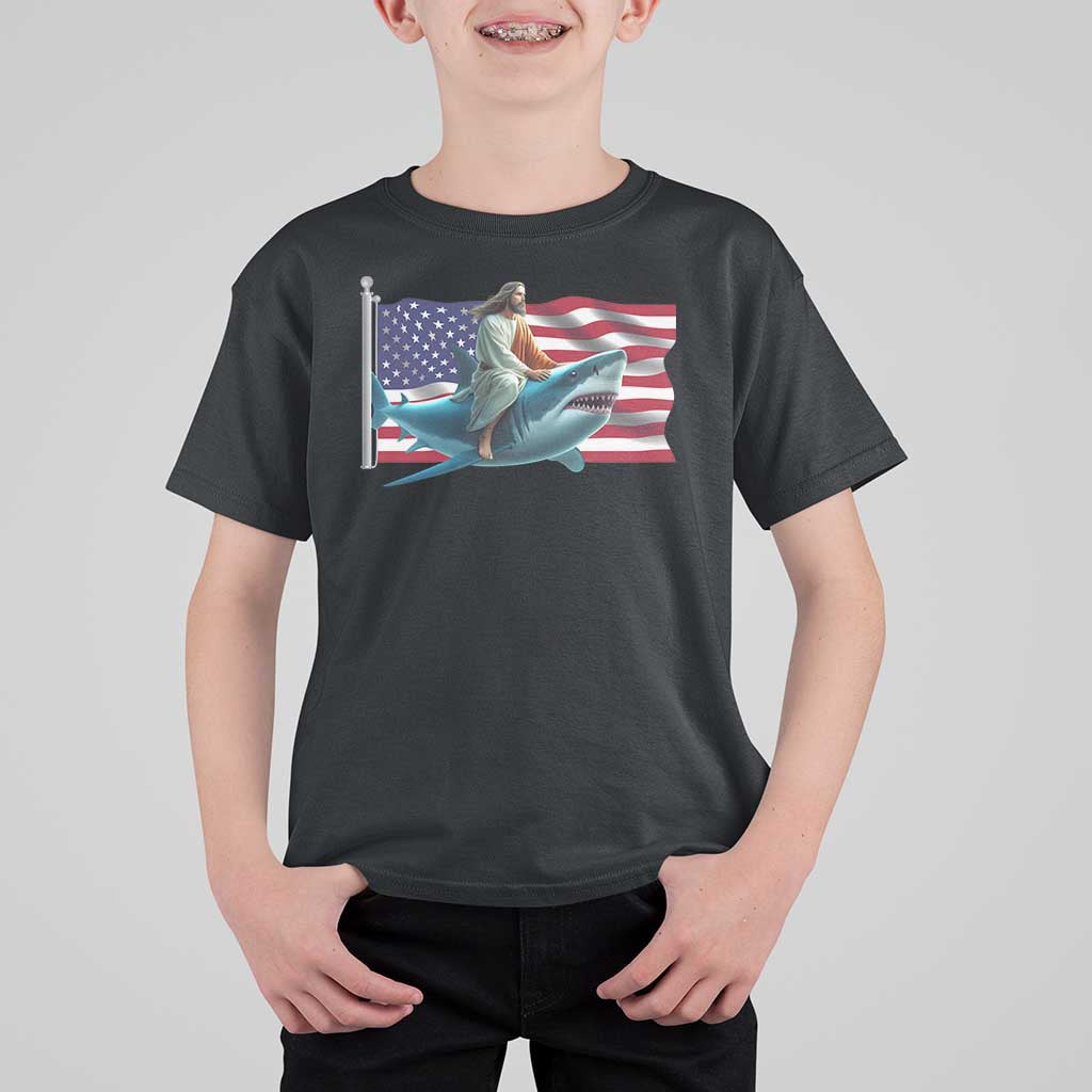 Funny Jesus Shark T Shirt For Kid Christian Patriotic American Flag Meme - Wonder Print Shop