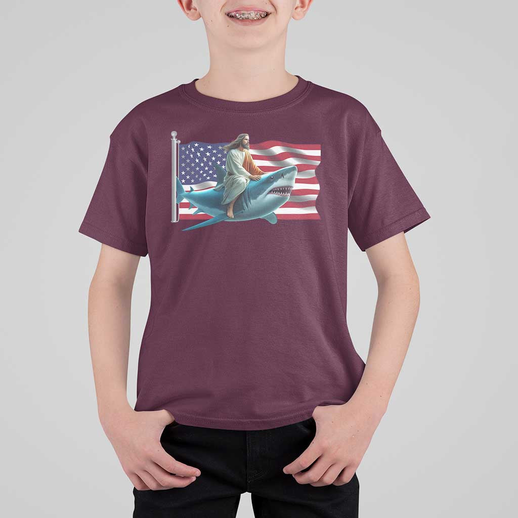 Funny Jesus Shark T Shirt For Kid Christian Patriotic American Flag Meme - Wonder Print Shop