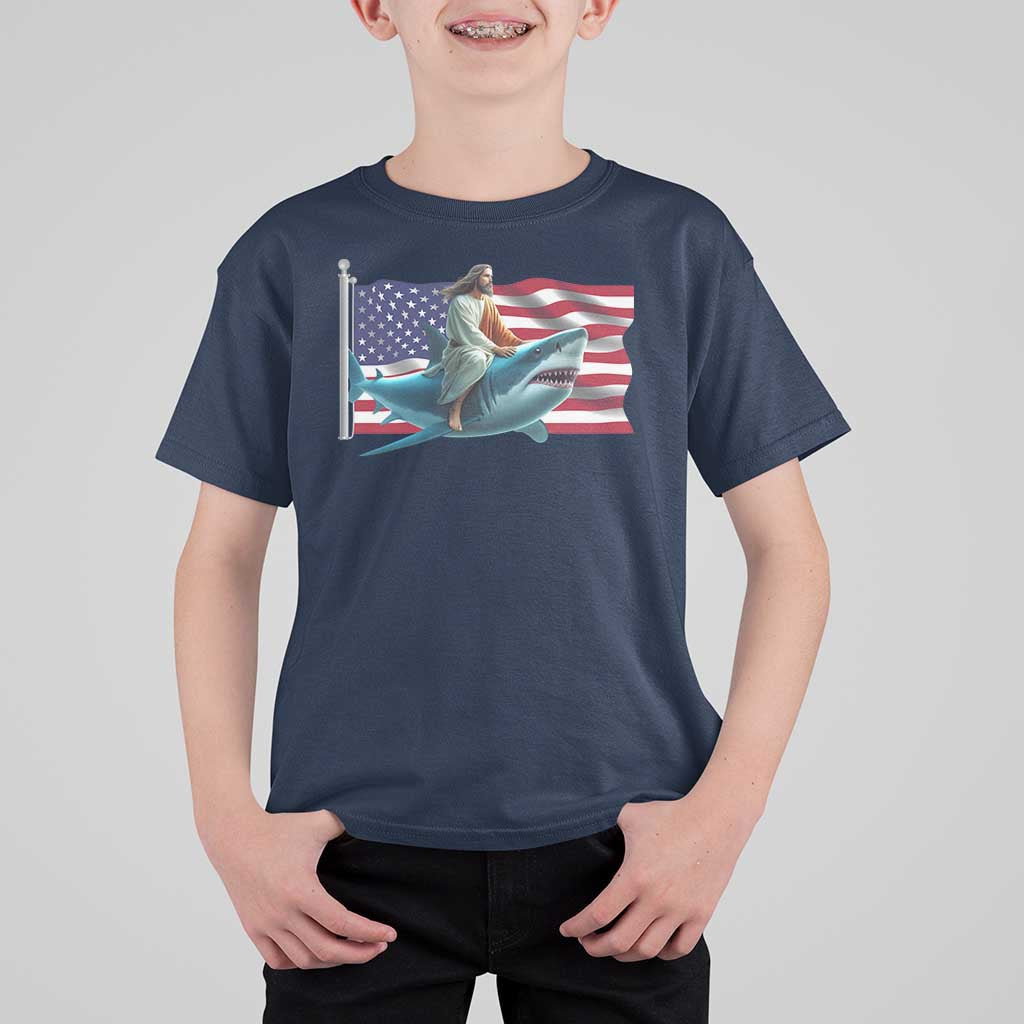 Funny Jesus Shark T Shirt For Kid Christian Patriotic American Flag Meme - Wonder Print Shop