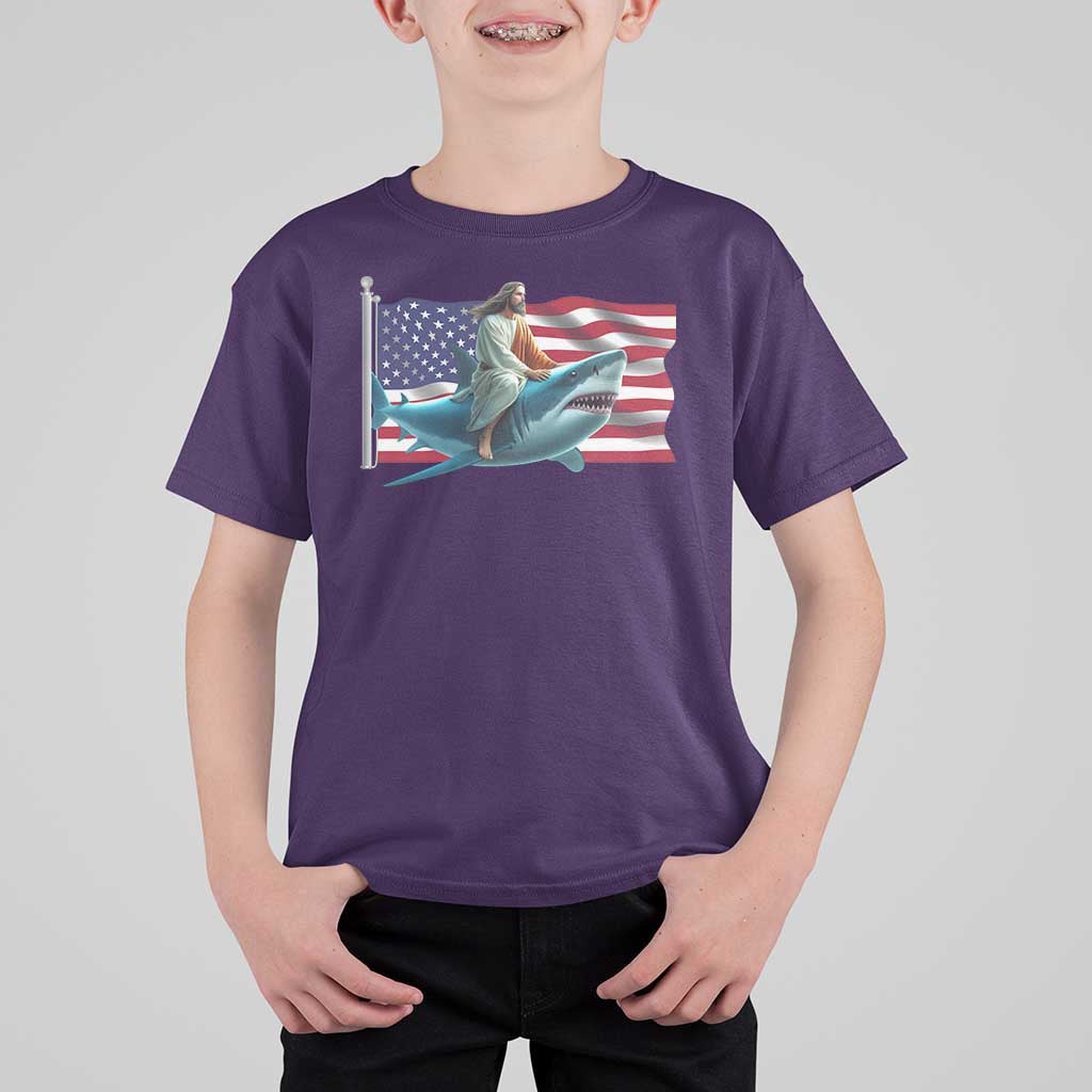 Funny Jesus Shark T Shirt For Kid Christian Patriotic American Flag Meme - Wonder Print Shop