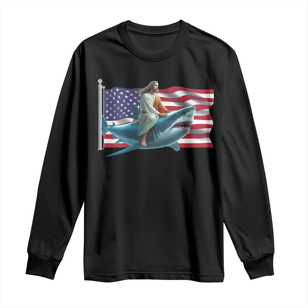 Funny Jesus Shark Long Sleeve Shirt Christian Patriotic American Flag Meme - Wonder Print Shop