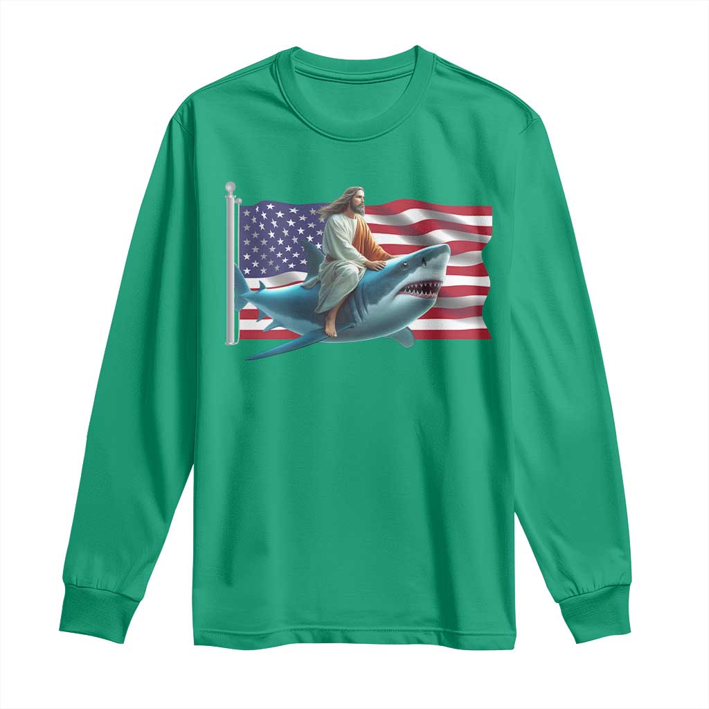 Funny Jesus Shark Long Sleeve Shirt Christian Patriotic American Flag Meme - Wonder Print Shop