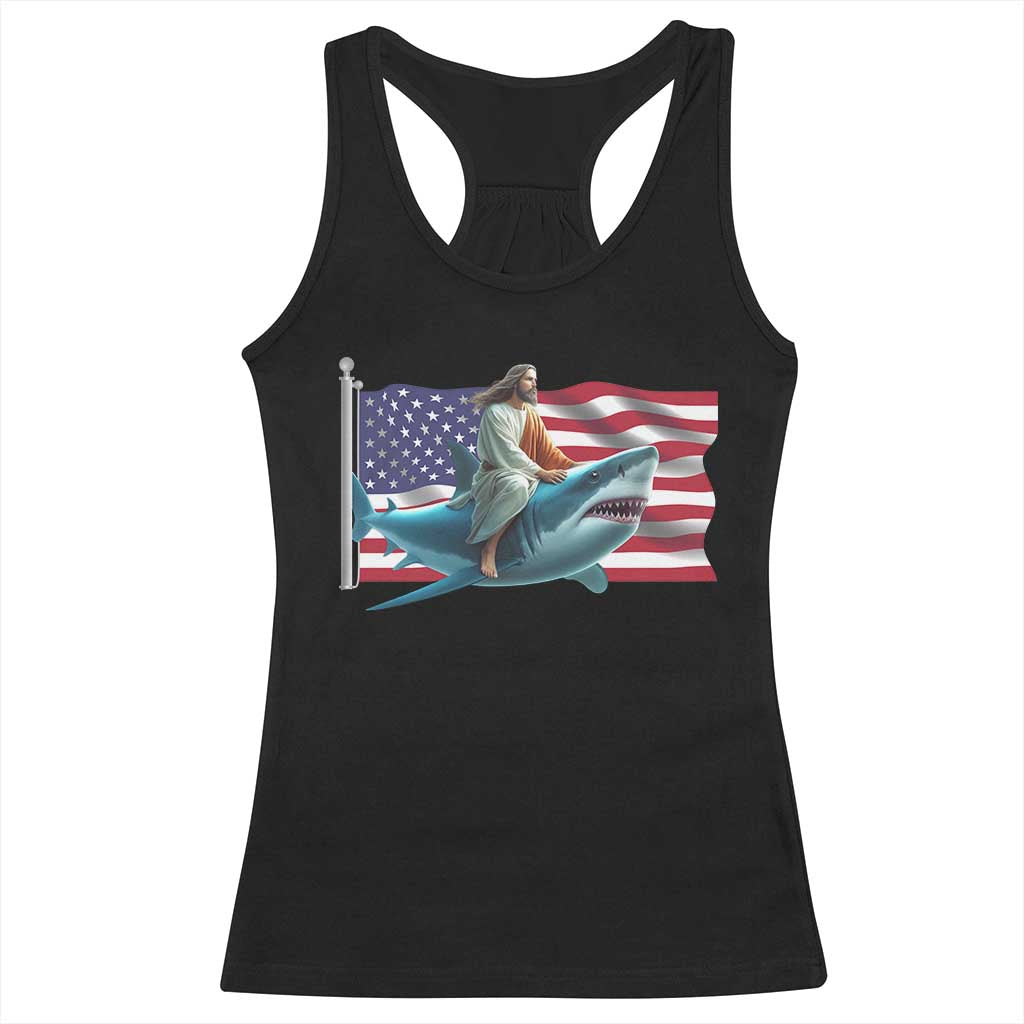Funny Jesus Shark Racerback Tank Top Christian Patriotic American Flag Meme - Wonder Print Shop