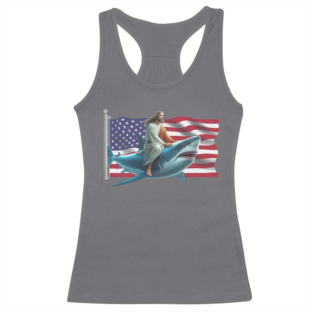 Funny Jesus Shark Racerback Tank Top Christian Patriotic American Flag Meme - Wonder Print Shop