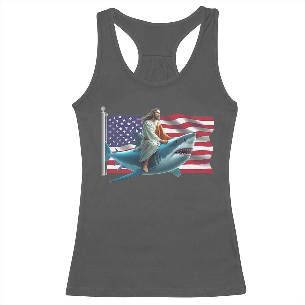 Funny Jesus Shark Racerback Tank Top Christian Patriotic American Flag Meme - Wonder Print Shop