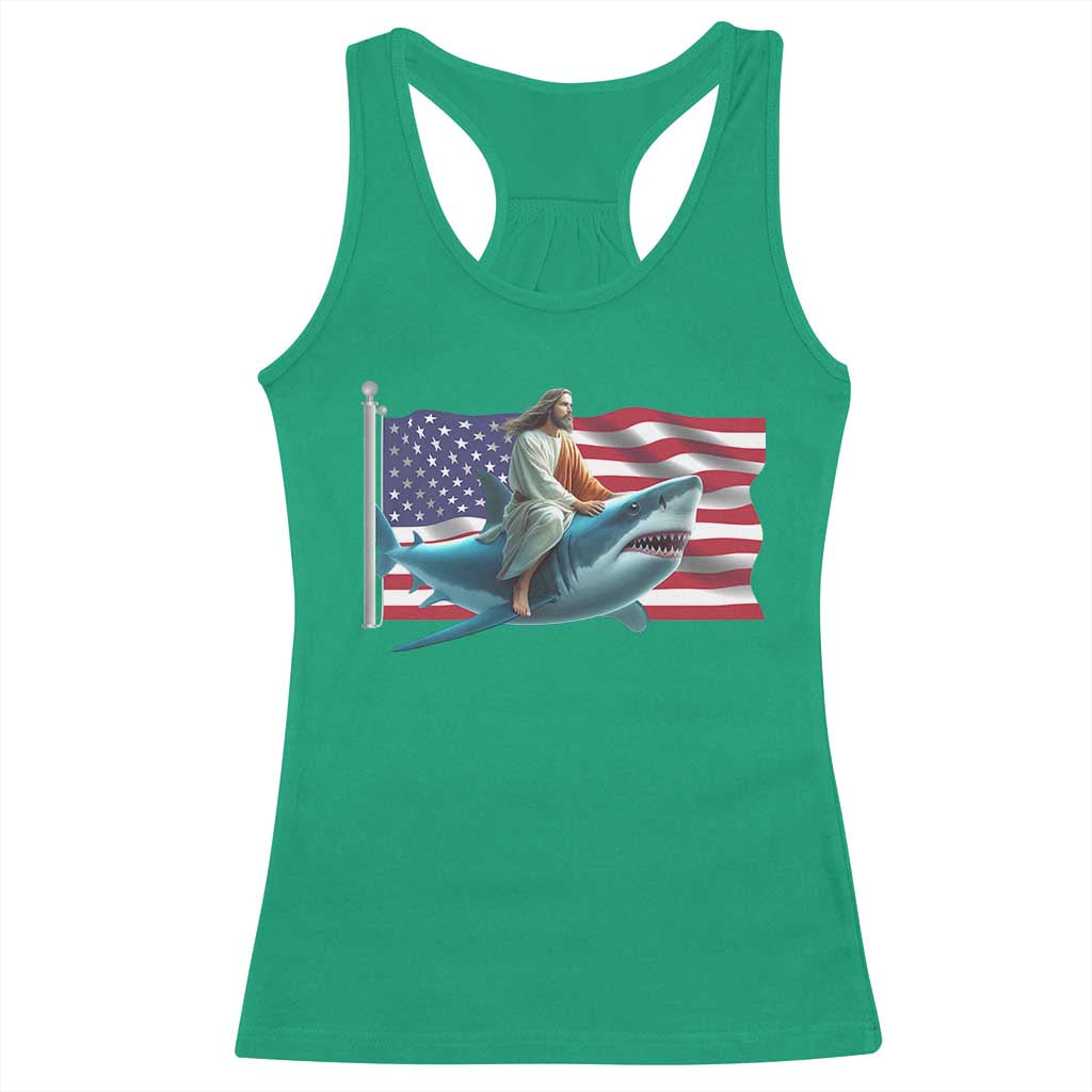 Funny Jesus Shark Racerback Tank Top Christian Patriotic American Flag Meme - Wonder Print Shop