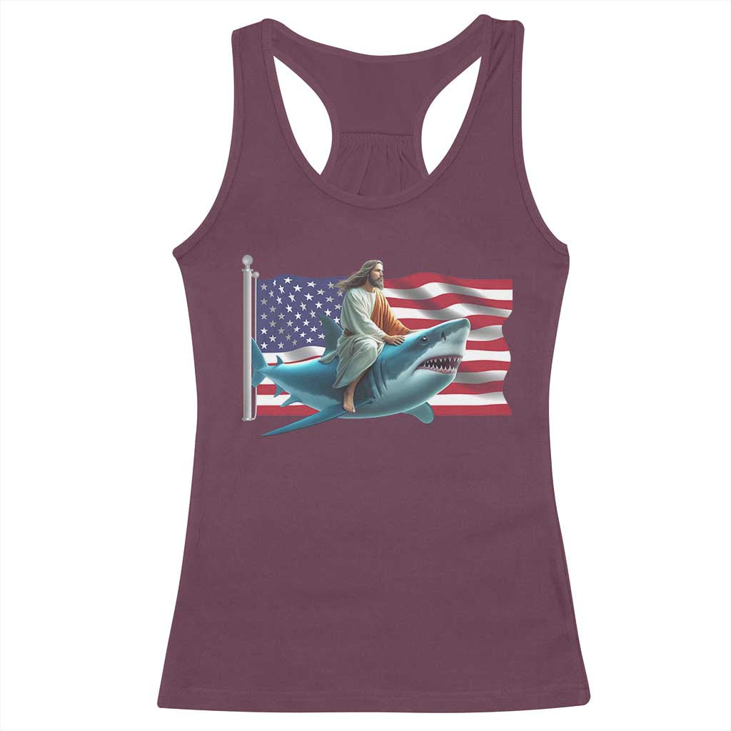 Funny Jesus Shark Racerback Tank Top Christian Patriotic American Flag Meme - Wonder Print Shop