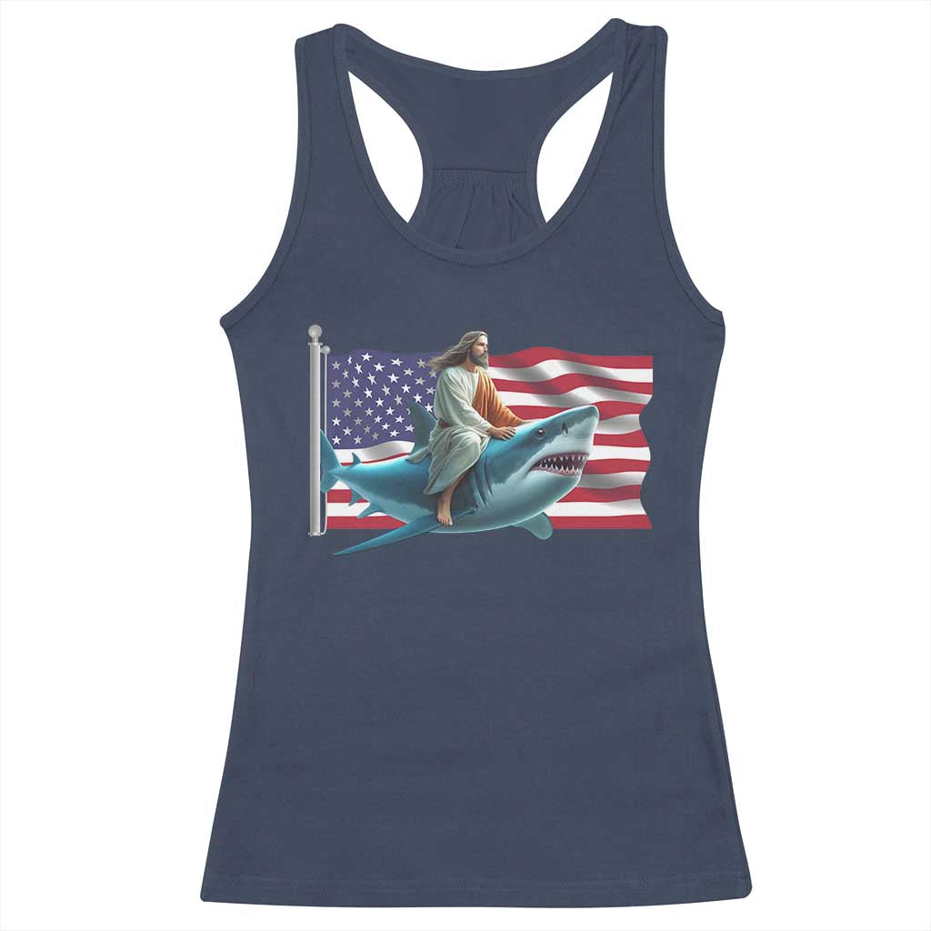 Funny Jesus Shark Racerback Tank Top Christian Patriotic American Flag Meme - Wonder Print Shop