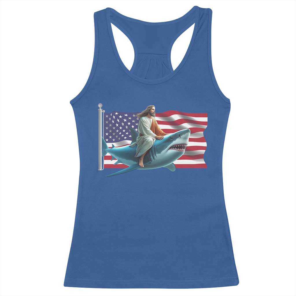 Funny Jesus Shark Racerback Tank Top Christian Patriotic American Flag Meme - Wonder Print Shop