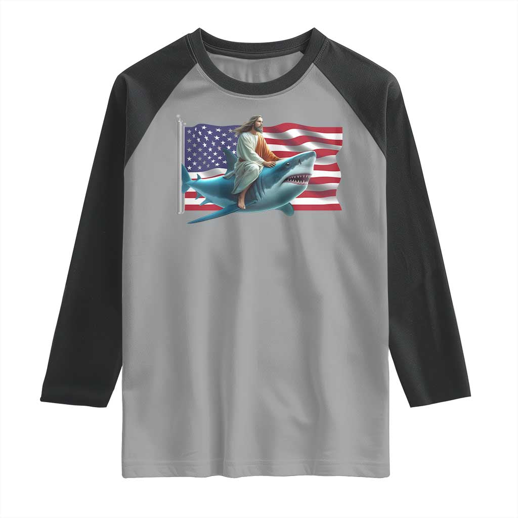 Funny Jesus Shark Raglan Shirt Christian Patriotic American Flag Meme - Wonder Print Shop
