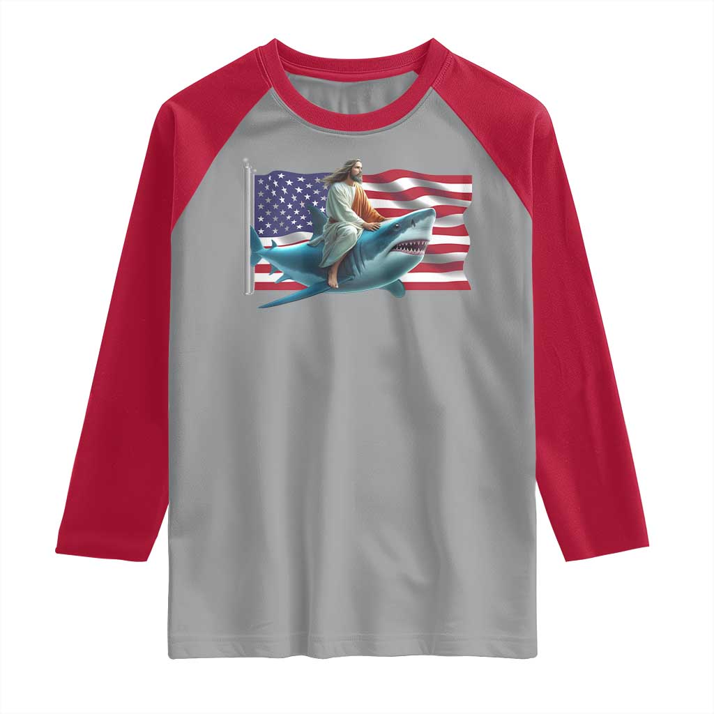 Funny Jesus Shark Raglan Shirt Christian Patriotic American Flag Meme - Wonder Print Shop