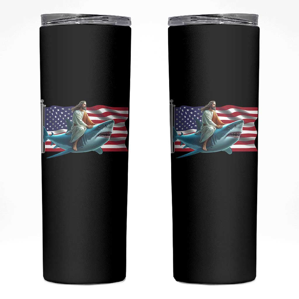 Funny Jesus Shark Skinny Tumbler Christian Patriotic American Flag Meme