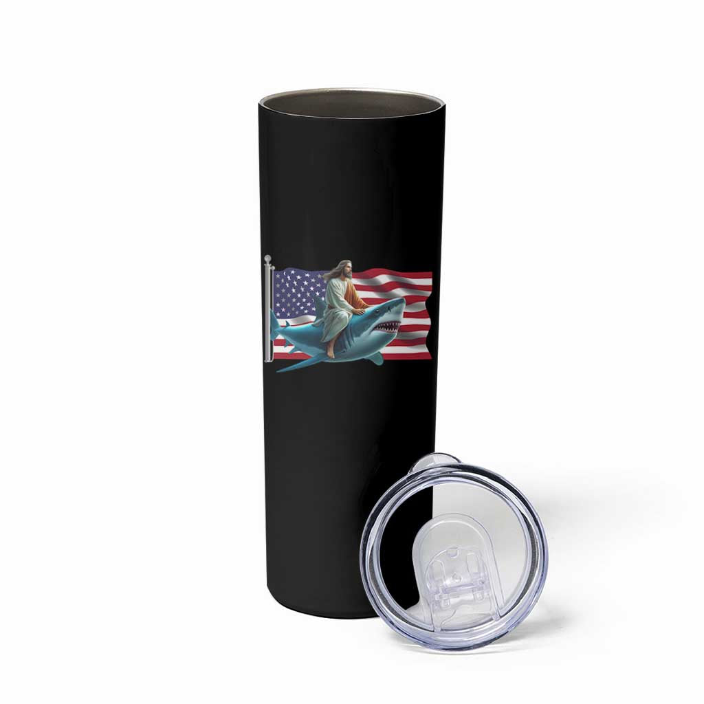 Funny Jesus Shark Skinny Tumbler Christian Patriotic American Flag Meme