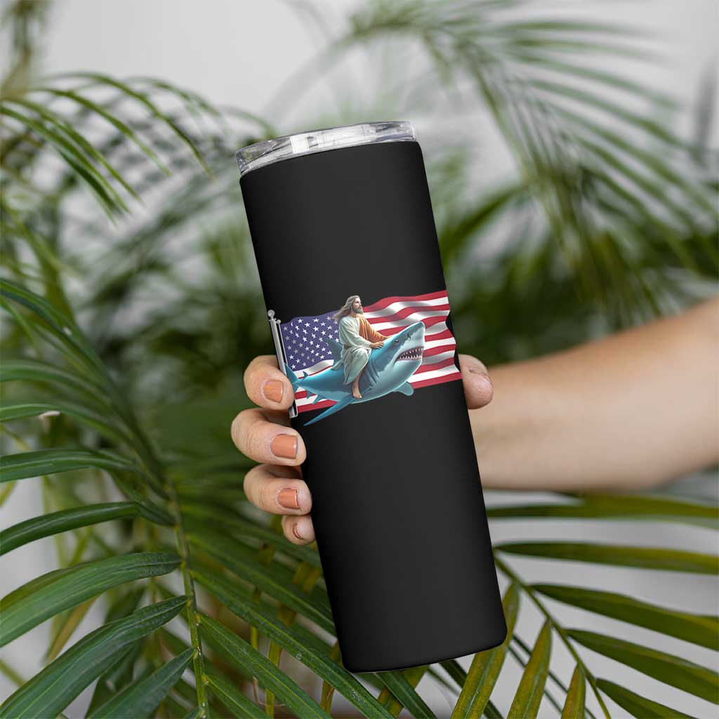 Funny Jesus Shark Skinny Tumbler Christian Patriotic American Flag Meme