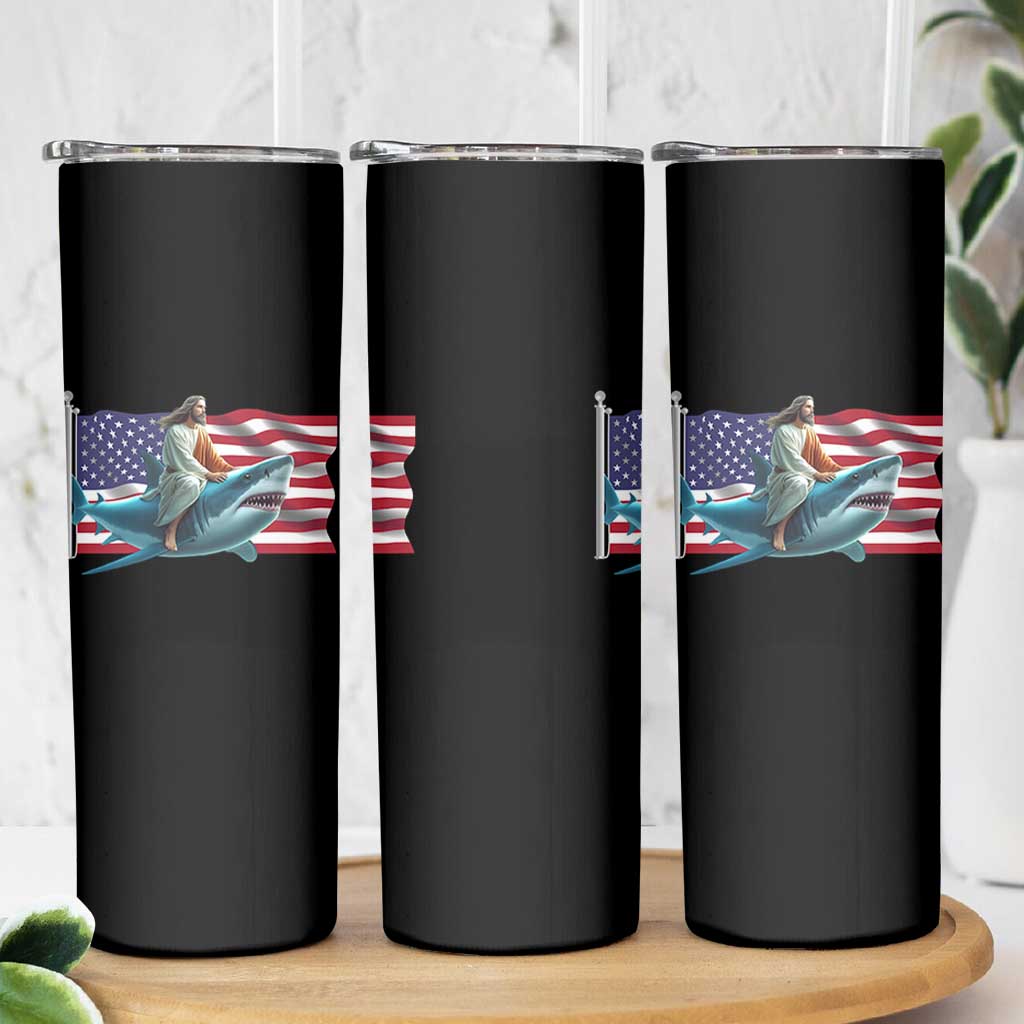 Funny Jesus Shark Skinny Tumbler Christian Patriotic American Flag Meme