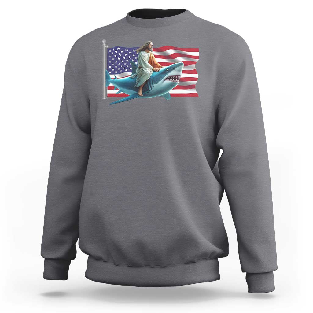 Funny Jesus Shark Sweatshirt Christian Patriotic American Flag Meme - Wonder Print Shop
