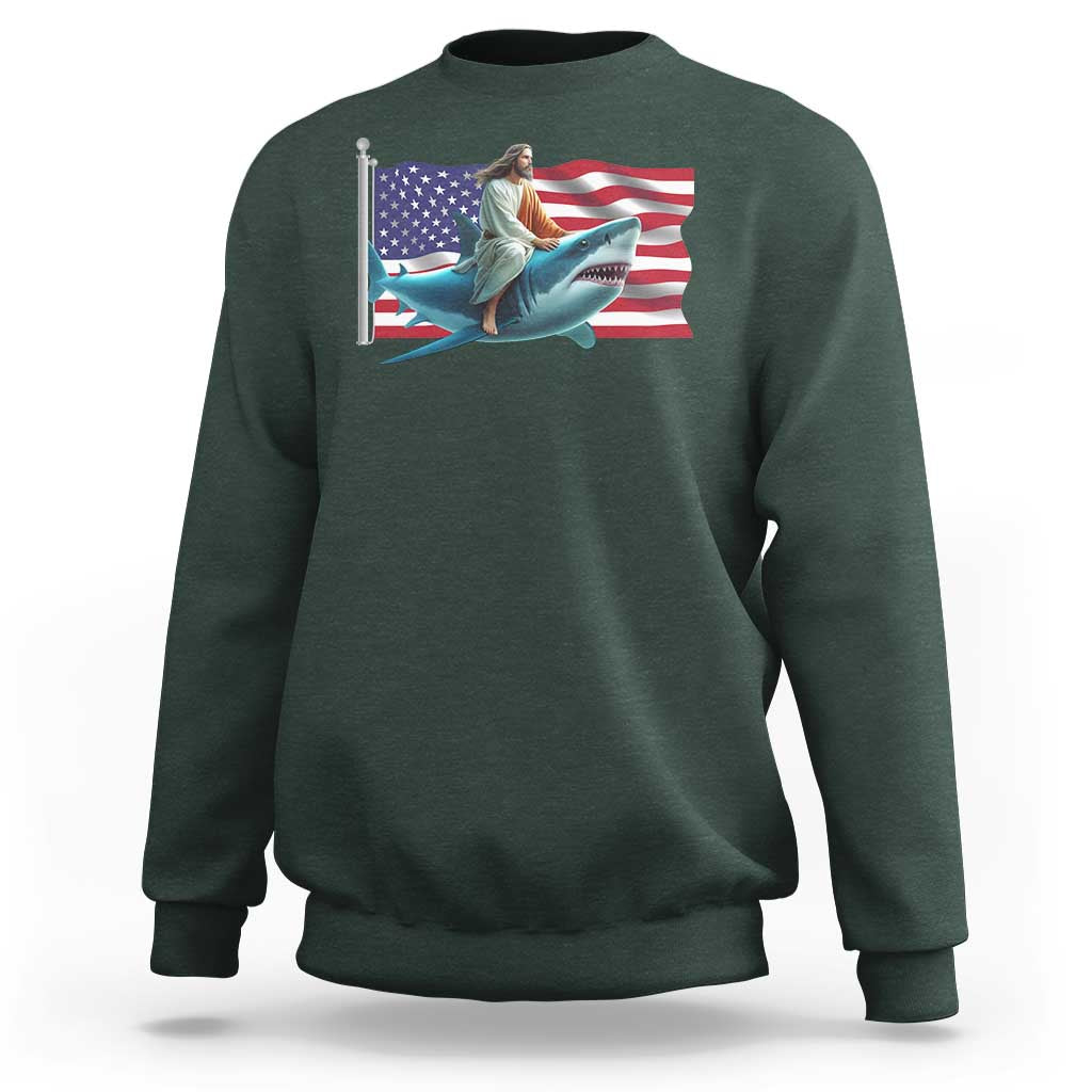 Funny Jesus Shark Sweatshirt Christian Patriotic American Flag Meme - Wonder Print Shop